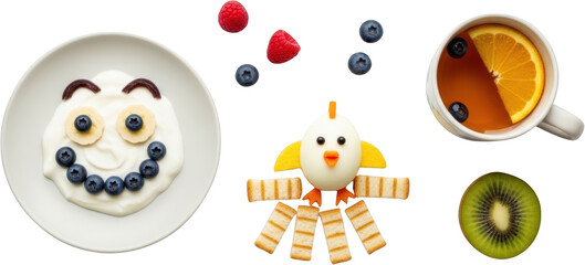 Whimsical breakfast plate with yogurt fruit and toast shaped like a chick food creative transparent background