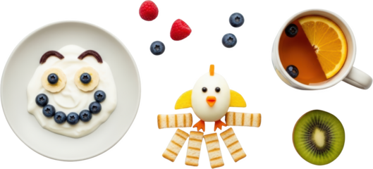 Whimsical breakfast plate with yogurt fruit and toast shaped like a chick food creative transparent background