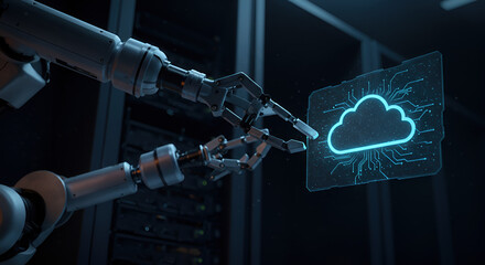 Robotic hand interacting with a glowing cloud icon in a data center, symbolizing advanced Business Intelligence driven by efficient cloud computing for future data management and analytics.