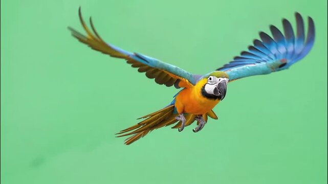  Stunning Blue and Yellow Macaw Flying Tropical Parrot with Colorful Feathers on Green Screen Background
