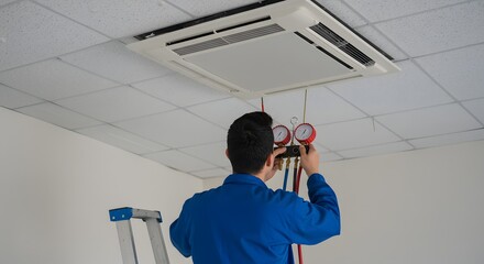 HVAC Technician on Ladder Performing Maintenance and Checking Refrigerant Pressure on Ceiling-Mounted Air Conditioner Unit in Commercial Building