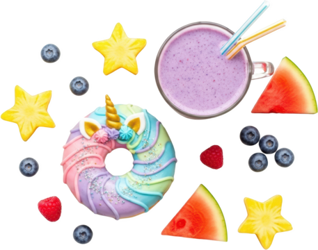 A colorful unicorn donut star shaped pineapple watermelon slices berries and a purple smoothie with straws transparent background - Powered by Adobe