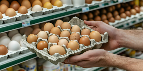 Grocery shelf stacked with eggs.