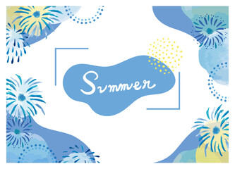 夏の花火 セールやイベント用バナー　水彩で描いた手書きのイラストベクターフレーム素材	