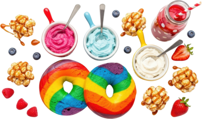 Rainbow bagels colorful creamy dips caramel popcorn fresh berries and a polka dot drink transparent background