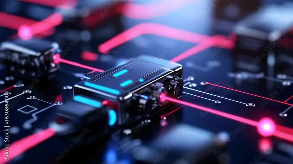 Poster in a high-tech laboratory, engineers work meticulously with advanced circuits