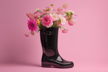 Obraz premium roses and flowers arranged in a black rubber boot ready for spring, autumn and winter