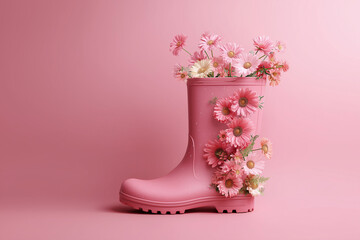 Pink roses and flowers arranged in a pink rubber boot ready for spring, autumn and winter