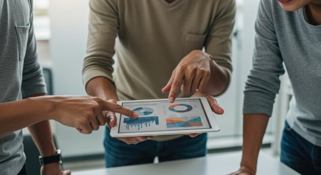Collaborative business team analyzing financial data charts on a tablet for strategic planning and growth