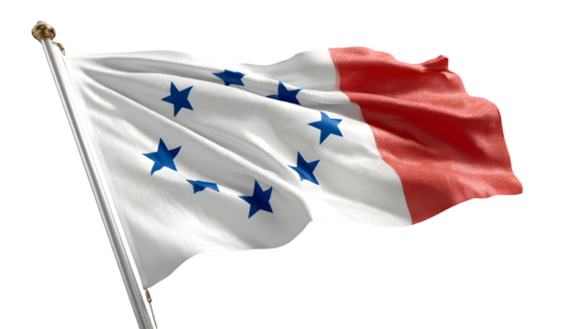 A waving flag with a white field, blue stars in a circle, and a red stripe on the right side