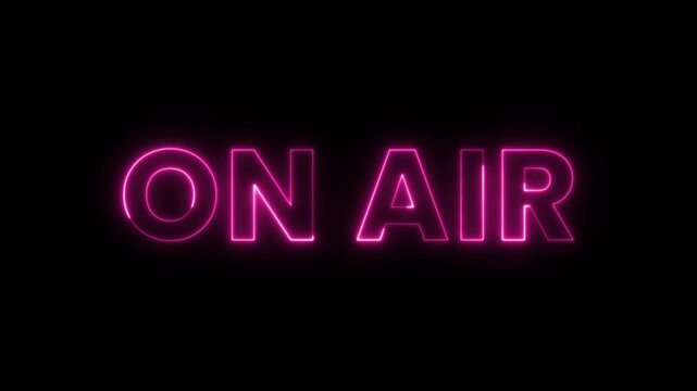 ON AIR, neon glowing text animation. Perfect for intros, call-to-action scenes, startup messages, or motivational content. Bright and energetic design with flickering neon light effect. 