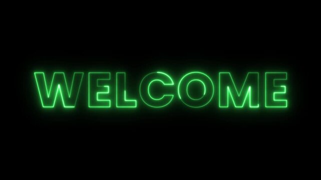 WELCOME, neon glowing text animation. Perfect for intros, call-to-action scenes, startup messages, or motivational content. Bright and energetic design with flickering neon light effect. 