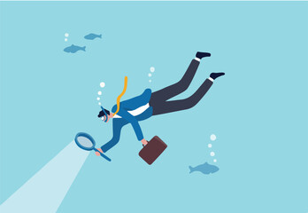 Deep dive analysis, discover business problem and improvement, research and strategy to develop and explore market and optimization, businessman scuba diving with magnifying glass in deep blue ocean.