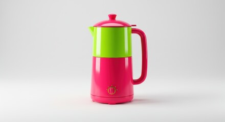 Obraz premium Retro Pop Electric Moka Pot in Vibrant Fuchsia and Lime Green on a White Studio Background.