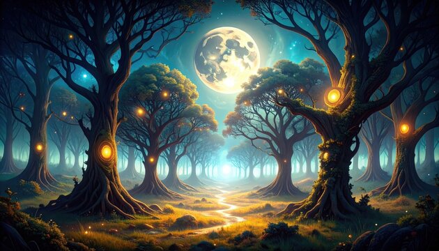 Magical Pixelated Forest At Night With Glowing Trees And Moon