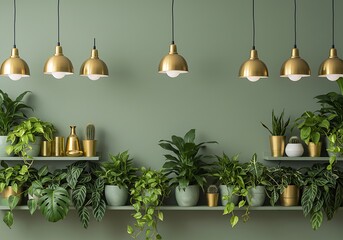 Fototapeta premium Green Botanical Wall Decor with Gold Accents. Generative Ai