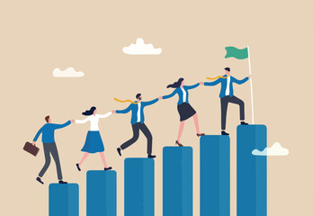 Teamwork to success together, employee career path or partnership support to help business growing, team collaboration or mentor and training concept, business people help team climbing growth chart