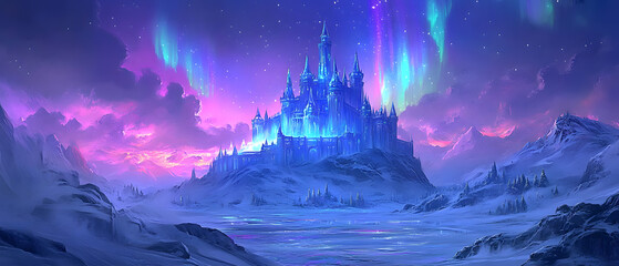 Ice castle glowing under auroras