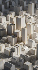 Geometric city skyline, white blocks with gold trim