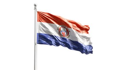 A waving flag of paraguay with its emblem on a pole against a black background in the wind outdoors