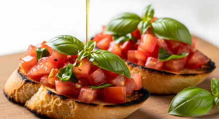 Fresh Italian bruschetta with diced tomatoes and basil, drizzled with golden olive oil.