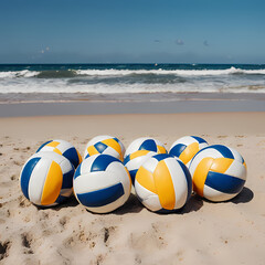 Obraz premium A group of volleyballs arranged on a sandy beach
