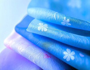 Detailed Close-Up of Blue Fabric with Floral Patterns and Creative Textures