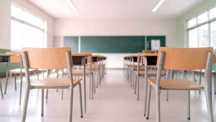 A classroom with empty chairs and a green board
