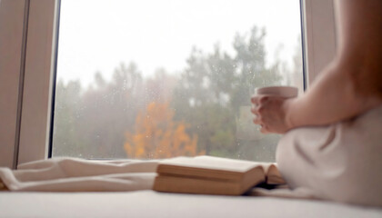 Person Enjoying Hot Beverage by Window on a Rainy Autumn Day