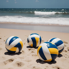 A group of volleyballs arranged on a sandy beach