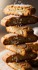 A delicious stack of crunchy almond biscotti being dusted with sparkling sugar.