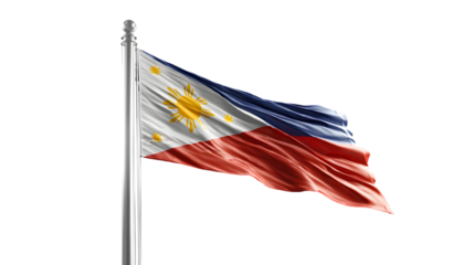 A vibrant philippine flag waving proudly against a stark black background on a silver flagpole