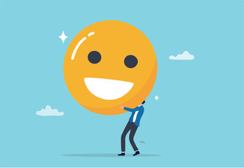 Job satisfaction, employee happiness or optimistic attitude, cheerful morality or endorphins for positive thinking, feel good, emotional intelligence concept, businessman carry big happy smile face