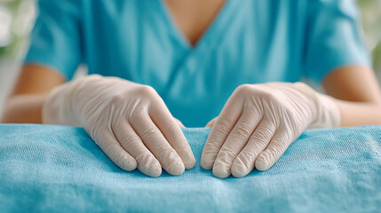 Surgical sterile field setup with blue drapes and gloves for medical procedures