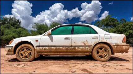 Obraz premium A dirty white sedan car parked on a dirt road with a cloudy sky and green trees in the background