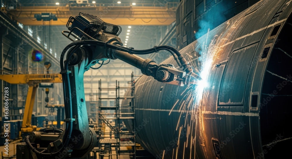 Poster industrial robotic arm performing automated welds on large submarine hull components in a controlled