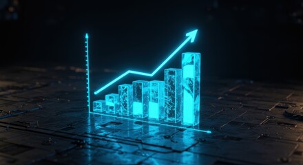 Ascending Holographic Growth Chart with Luminous Blue Crystal Bars
