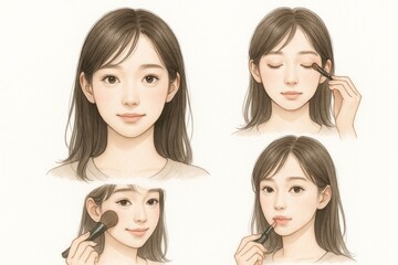 Beauty routine steps showcasing young woman applying eyeshadow, blush, lipstick, creating dramatic makeup look with vibrant cosmetic colors and professional techniques