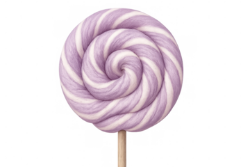 Purple-white lollipop spinning on wooden stick, transparent backdrop highlighting sugary spiral design for confectionery graphics