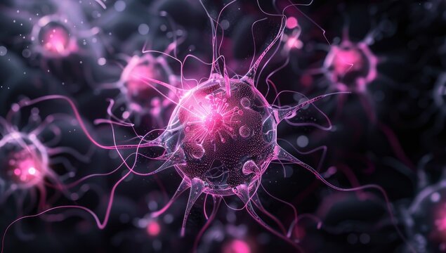 Microscopic pink cells with tendrils spread across a dark, blurred background, glowing brightly