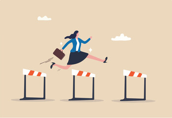 Overcome obstacle or challenge, success journey or aspirations, determination, progress or effort to overcome difficulty concept, confidence businesswoman entrepreneur jumping over series of hurdles