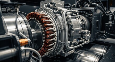 Closeup of electric motor windings and cooling systems within a batterypowered haul truck drivetrain tested on a dynamometer rig.