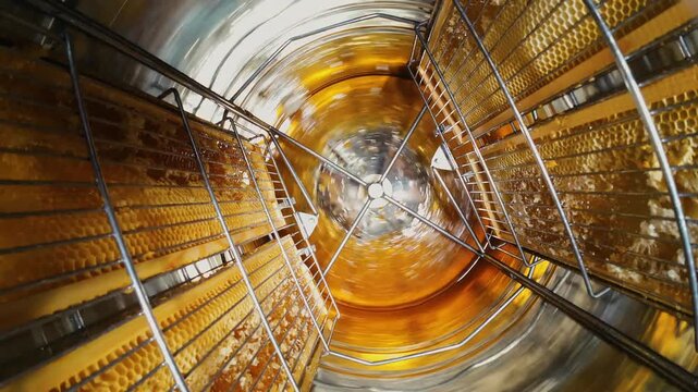 Honey Manual Extracting In Metal Barrel Centrifuge. Frames Rotating, Apiarist