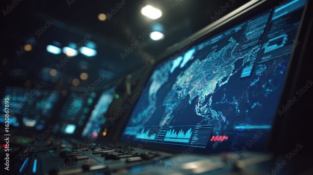 Poster medium shot of an aipowered command center control panel glowing in dim light showing a primary miss