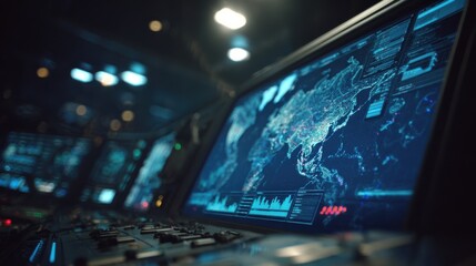 Medium shot of an AIpowered command center control panel glowing in dim light showing a primary mission plan crystal clear with faintly blurred data streams and war game iterations