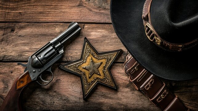 Close up of a revolver sheriff badge and cowboy hat on a rustic wooden surface flat lay style