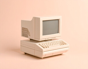 A close-up studio shot of a beige vintage desktop computer with a CRT monitor and keyboard on a solid, clean, pastel pink background, evoking a retro-futuristic and nostalgic aesthetic.