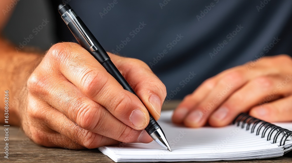 Aufkleber man writing in a notebook with a pen on a wooden surface