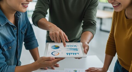 Collaborative business team discussing a new strategy concept while analyzing charts and graphs on a digital tablet in the office.