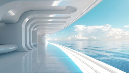 Futuristic corridor with curvilinear white architectural elements overlooking the ocean